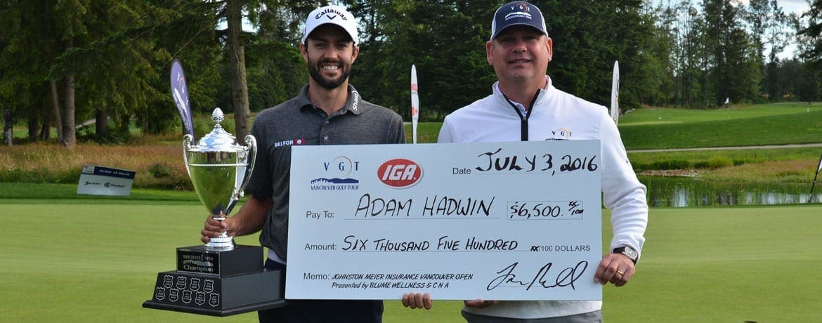 Adam Hadwin is a 3-time Vancouver Open Winner! (pictured with Dave Ebner of Johnston Meier Insurance)